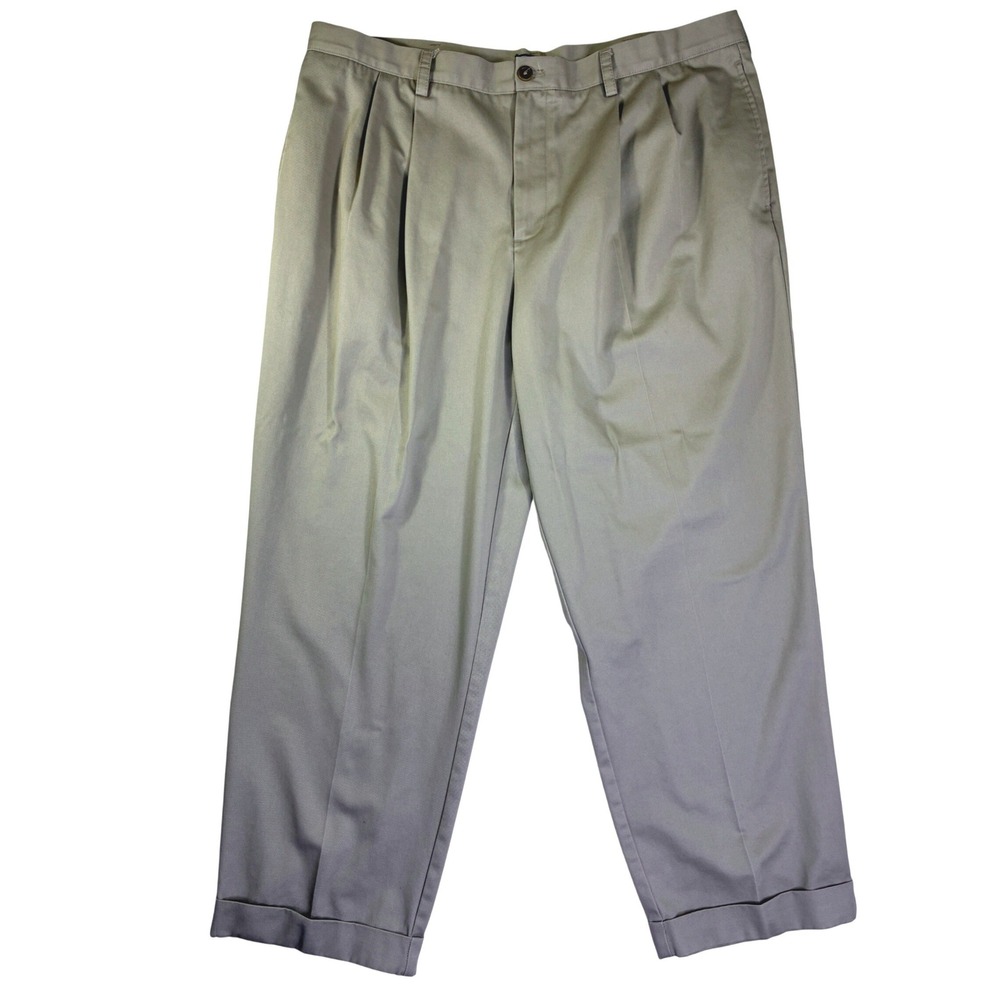 IZOD Mens Pleated Khaki Chino Pants Tan Cotton Cuffed 42x30